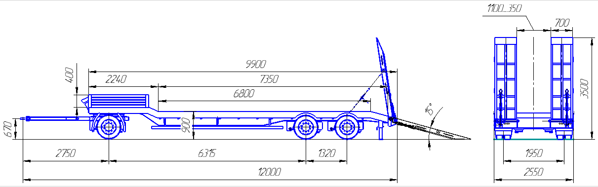 чертеж с габаритными размерами прицепа тяжеловоза 949164-3